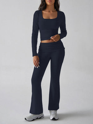 Leisure Navel Solid Color Long-sleeved Two-piece Suit