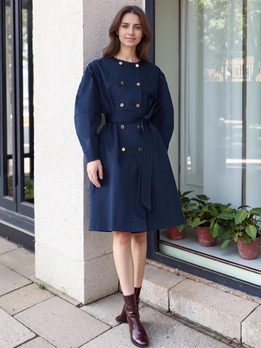 Liber Autumn Women's Button Belt Coat Overcoat Leg of Mutton Sleeve Short Dress