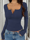 Lace Button V-neck Slim-fit Long-sleeved T-shirt