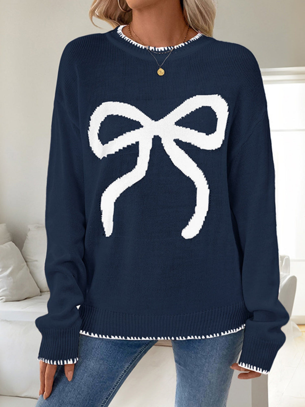 Sweet And Versatile Christmas Bow Jacquard Loose Long-sleeved Round Neck Sweater