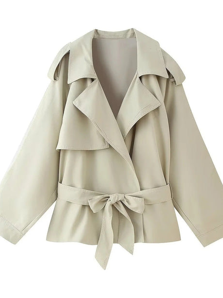 Light khaki Lace up Loose Short Trench Coats