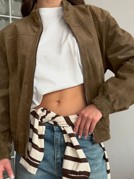 Basic Suede Zipper Khaki Jacket