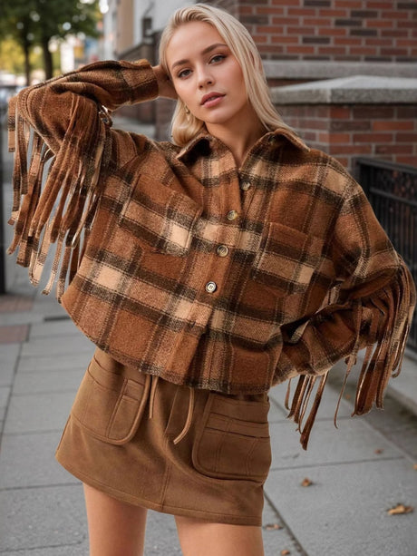 Liber Autumn women's plaid button tassel pocket short patchwork jacket