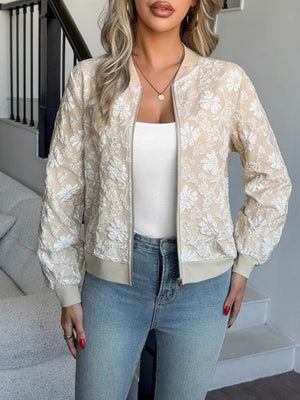 Baseball Uniform Floral Textured Fabric Zipper Daily Workplace Jacket