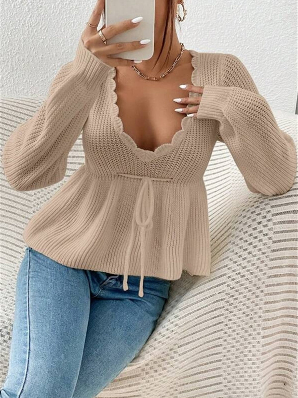 V-neck Drawstring Ruffled Skirt Knitted Pullover Sweater