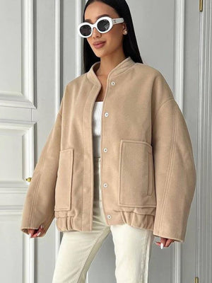 Stand-up Collar, Large Pockets, Button-down, Solid Color Autumn/winter Long-sleeved Jacket