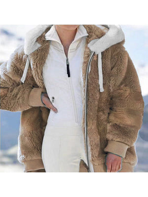 Loose Solid Color Plush Zipper Hood With Pockets Solid Color Jackets