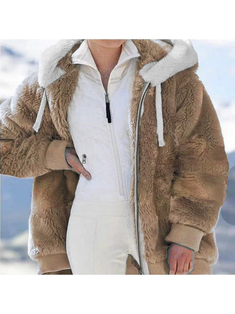 Loose Solid Color Plush Zipper Hood With Pockets Solid Color Jackets