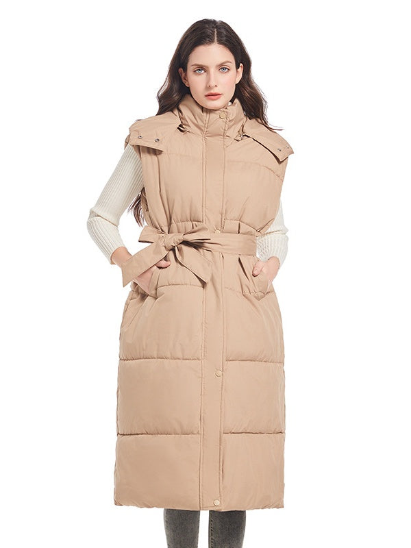 Hooded Zipper Button Vest Long Knee-length Vest Slim Waist Down Vest Jacket