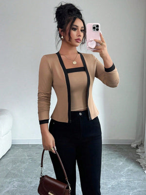 Square Neck Suspenders Long-sleeved Cardigan In Black And White Color Blocking Slim Fit Workplace Casual Two-piece Outfit