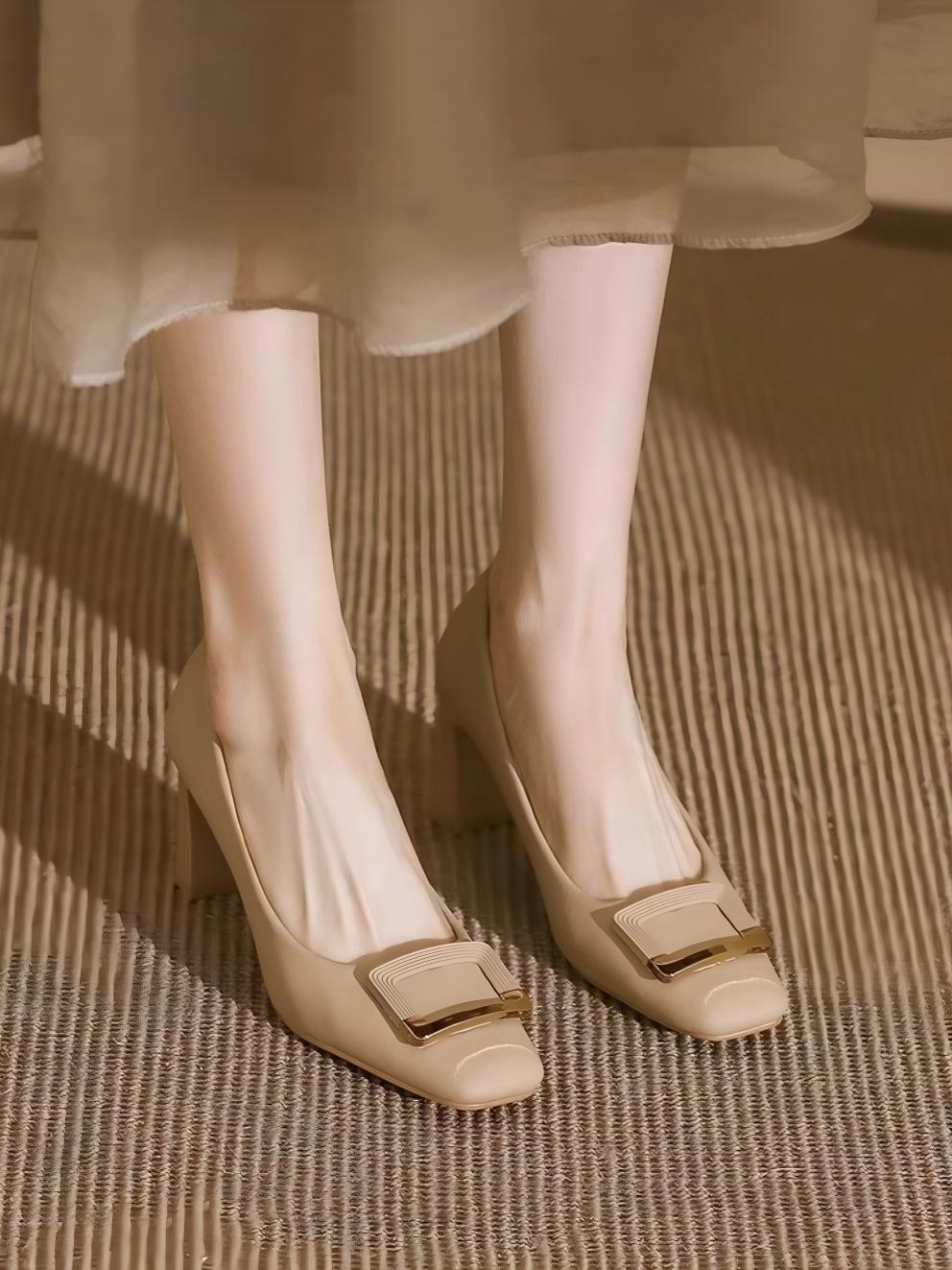 Liber Spring and Autumn Square Buckle Women's High Heels