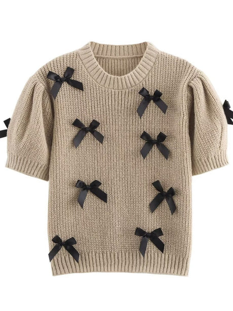 Lace up 3D Bow Short sleeve Knitting Sweaters