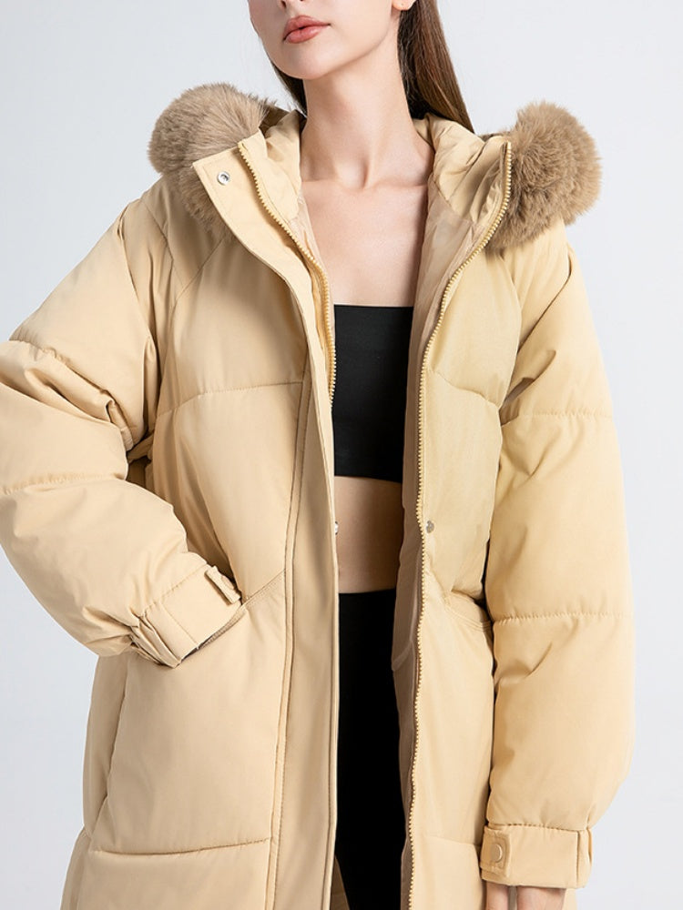 Women's Fur Collar Hooded Down Jacket, Extended Style, Knee-length Thickened Down Jacket，removable Collar