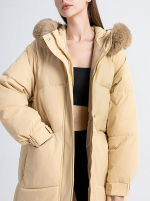Women's Fur Collar Hooded Down Jacket, Extended Style, Knee-length Thickened Down Jacket，removable Collar