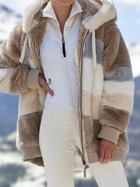 Loose Solid Color Plush Zipper Hood Color-block Jacket