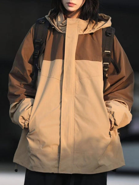 Workwear Style Color Matching Zipper Hooded Coat