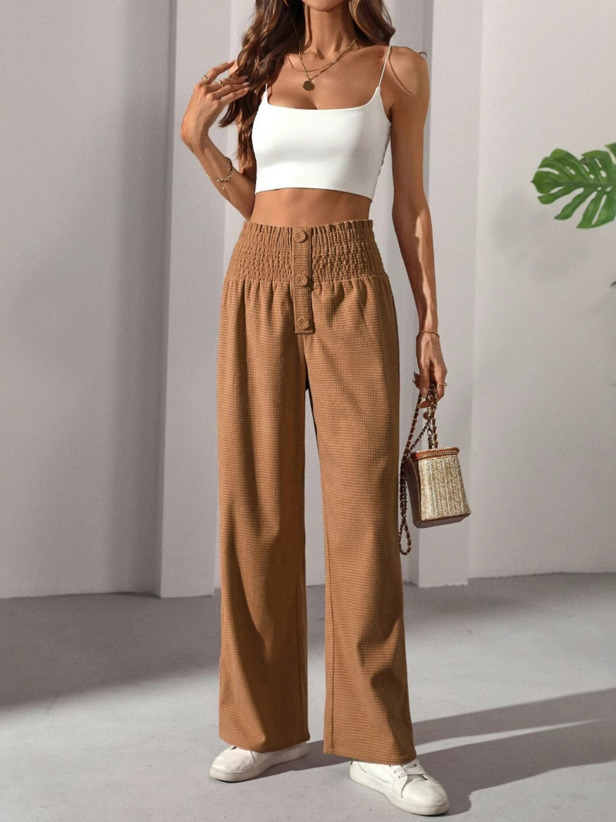 Ruffled Waistband Button High Waist Straight Leg Casual Elegant French Women's Trousers