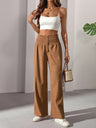 Ruffled Waistband Button High Waist Straight Leg Casual Elegant French Women's Trousers