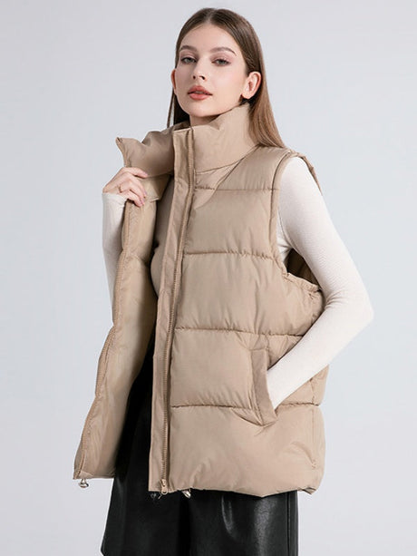 Stand Collar Sleeveless Zipper Pocket Warm Loose Mid-length Down Cotton Vest Jacket