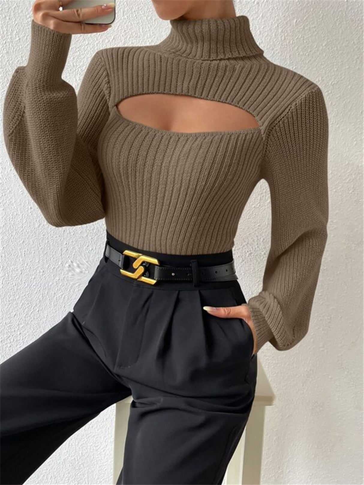 Turtleneck Hollow Out Balloon Sleeve Knitted Sweater