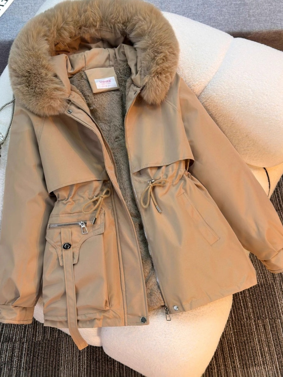 Parka With Fur Collar Drawstring Waist Pocket Casual Cotton-padded Jackets/down Jackets