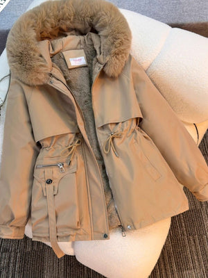 Parka With Fur Collar Drawstring Waist Pocket Casual Cotton-padded Jackets/down Jackets