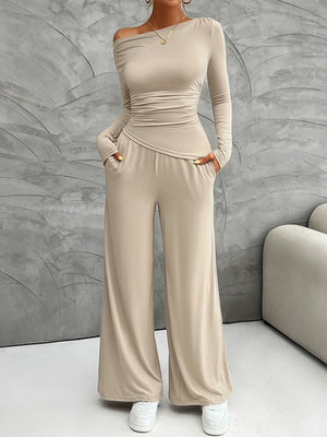 Leisure Pleated Solid Color Long Sleeve 2-piece Sets