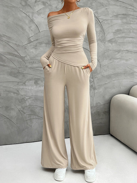 Leisure Pleated Solid Color Long Sleeve 2-piece Sets