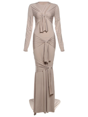 Backless Hollow Long Sleeve Solid Color Temperament Dress Sexy Slim Long Dress