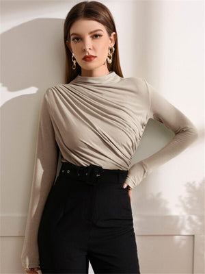 Mock Neck Gathering Long-sleeved T-shirt