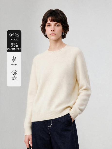 Wool Crew Neck Long-sleeved Knitted Pullover Sweater