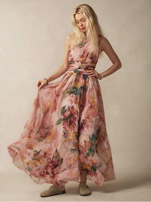 Off-shoulder Sleeveless Floral Print Maxi Dresses