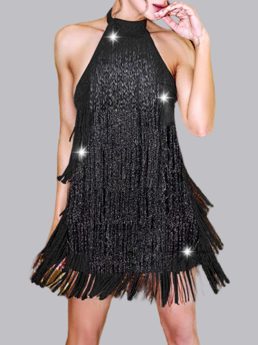 Robes courtes et mini sans manches à franges noires et dos nu