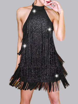 Robes courtes et mini sans manches à franges noires et dos nu