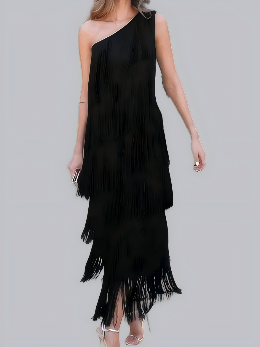 Robes maxi asymétriques à épaules tombantes et à franges