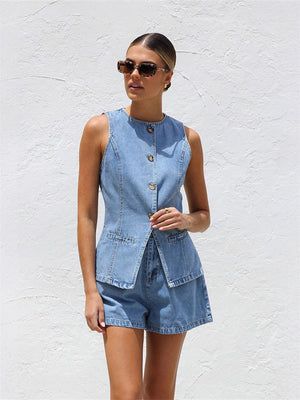Liber Summer Women's Buttons Solid Color 2-piece Sets