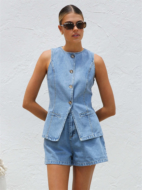 Liber Summer Women's Buttons Solid Color 2-piece Sets