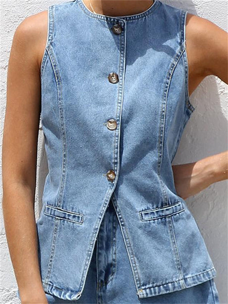 Liber Summer Women's Buttons Solid Color 2-piece Sets