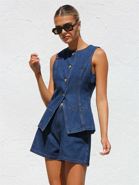 Liber Summer Women's Buttons Solid Color 2-piece Sets