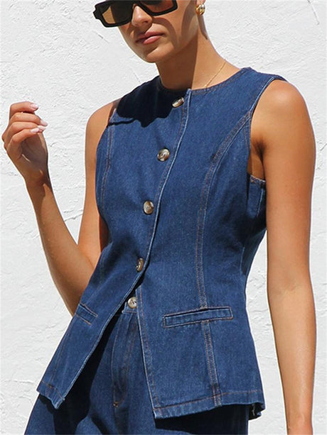 Liber Summer Women's Buttons Solid Color 2-piece Sets
