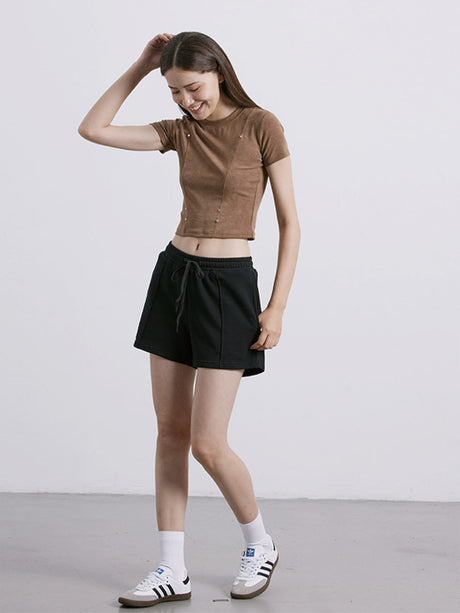 Liber Women's SS 3 Colors Solid Rivet Short Sleeve T-shirt