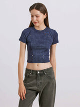 Liber Women's SS 3 Colors Solid Rivet Short Sleeve T-shirt