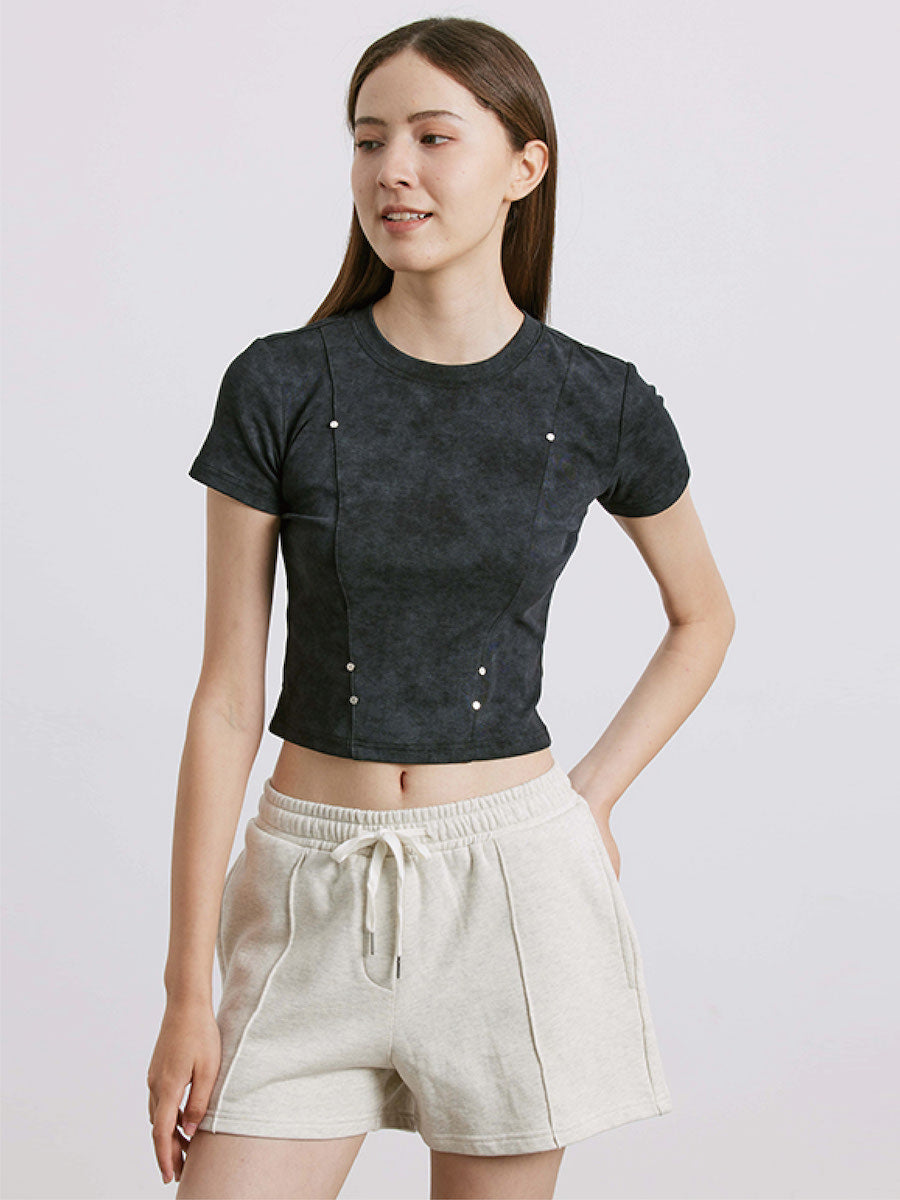 Liber Women's SS 3 Colors Solid Rivet Short Sleeve T-shirt