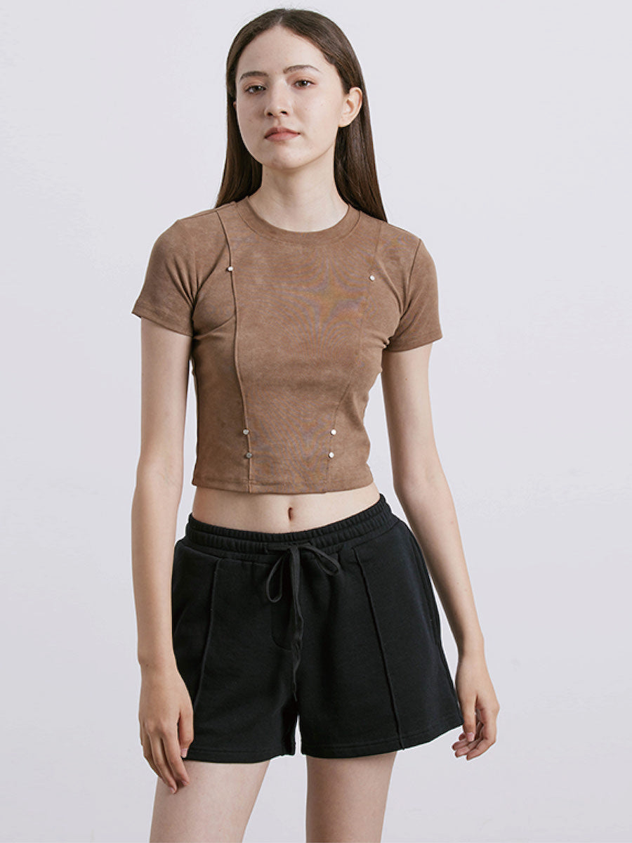 Liber Women's SS 3 Colors Solid Rivet Short Sleeve T-shirt