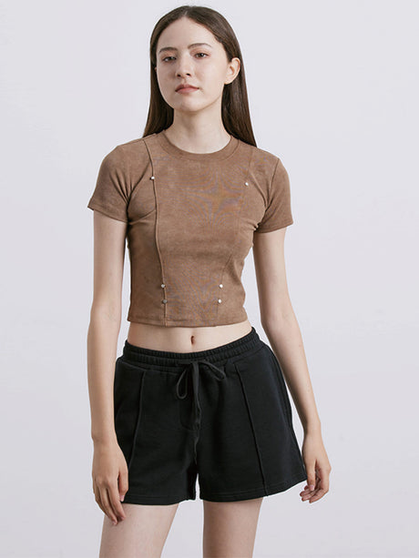 Liber Women's SS 3 Colors Solid Rivet Short Sleeve T-shirt