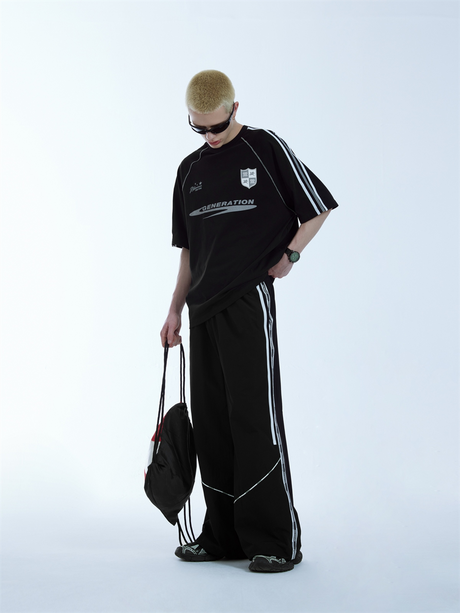 Liber men's SS hip-hop stitching, printed wide-leg trousers