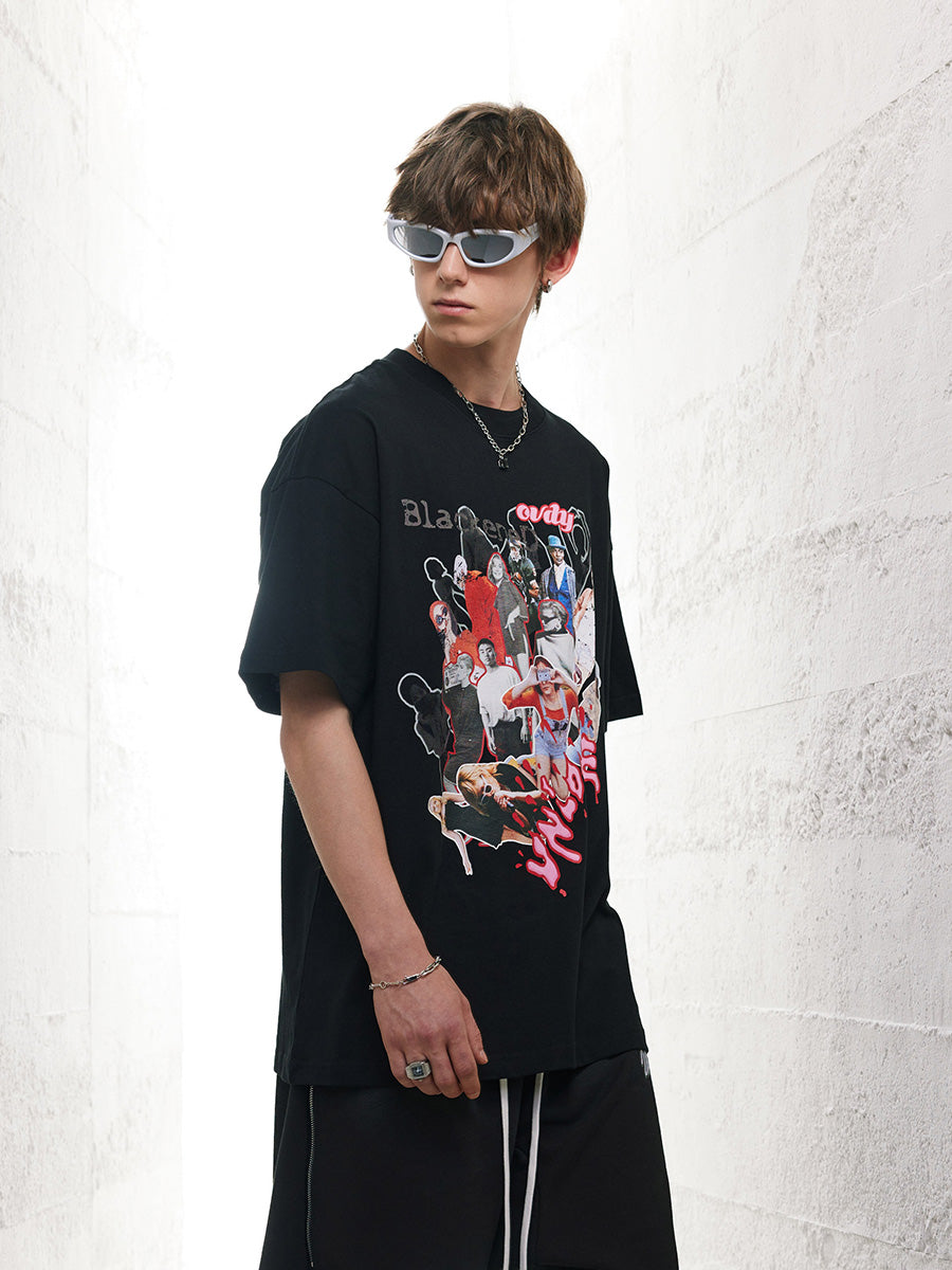 Liber Men's SS Hip-Hop Printed Round Neck Short Sleeve Loose T-Shirt