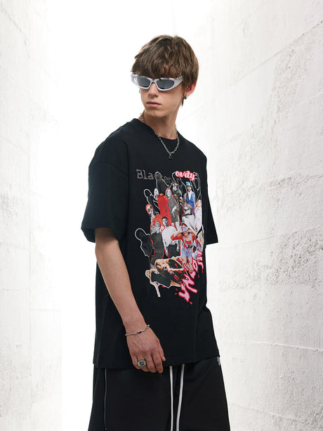 Liber Men's SS Hip-Hop Printed Round Neck Short Sleeve Loose T-Shirt