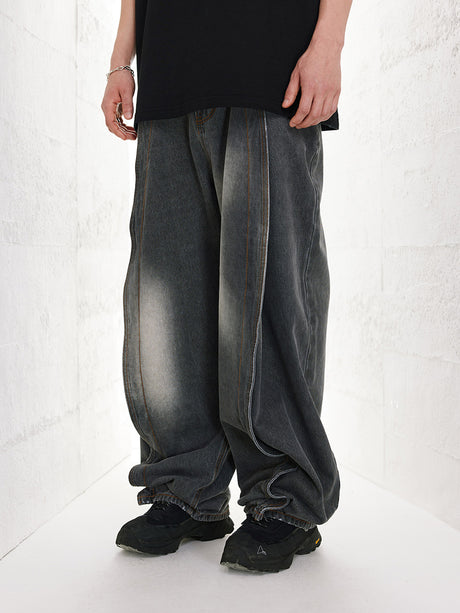 Liber men's SS hip-hop denim, distressed mid-waist loose trousers