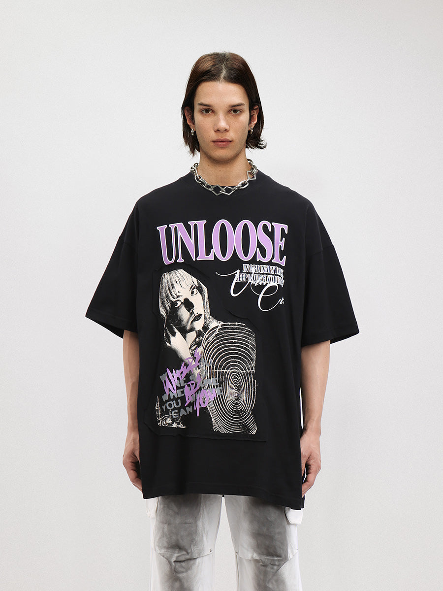 Liber Men's SS Hip-Hop Printed Round Neck Short Sleeve Loose T-Shirt